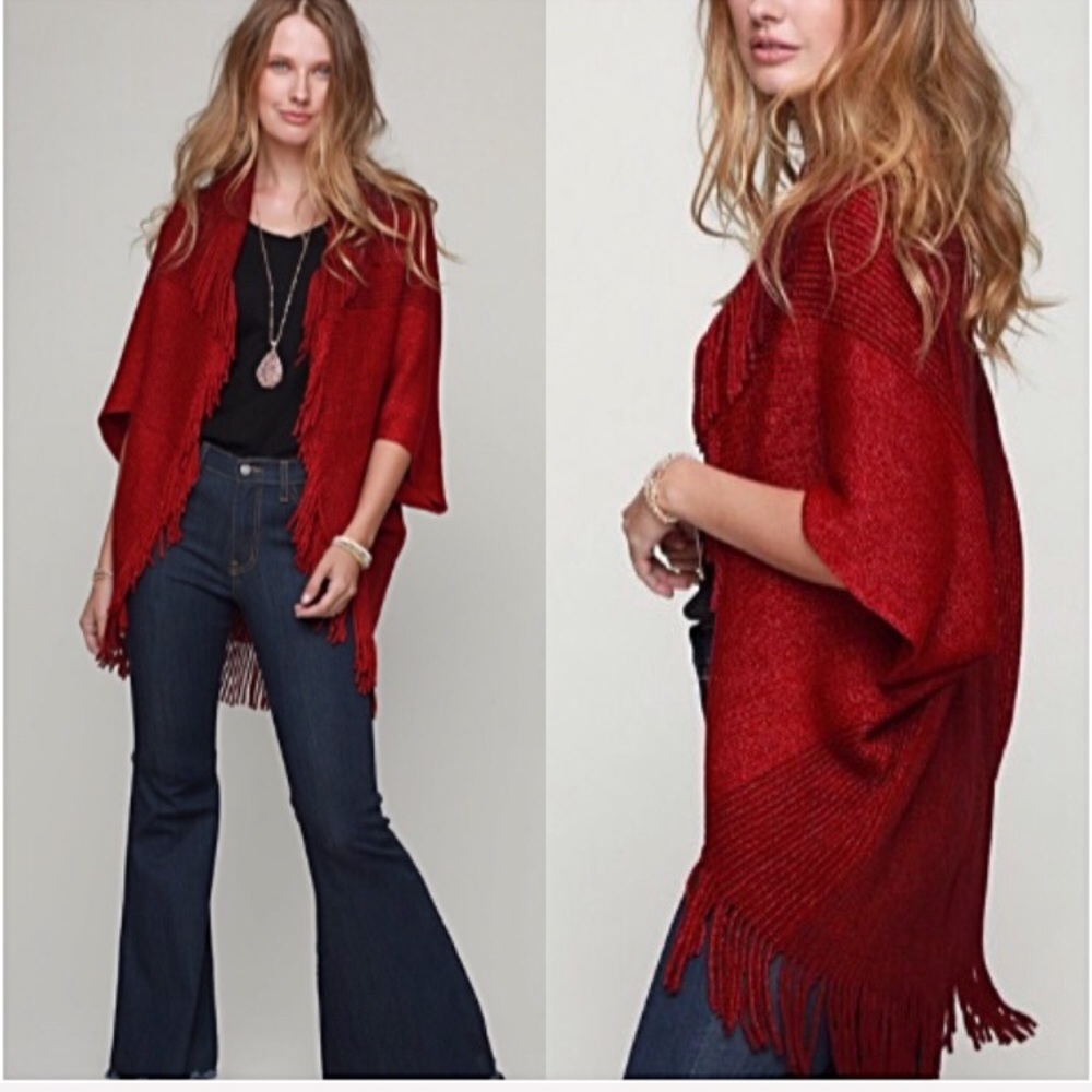 📍SALE📍Boho Chic Sweater Cardi Shrug Wrap O/S Red - Picture 2 of 5